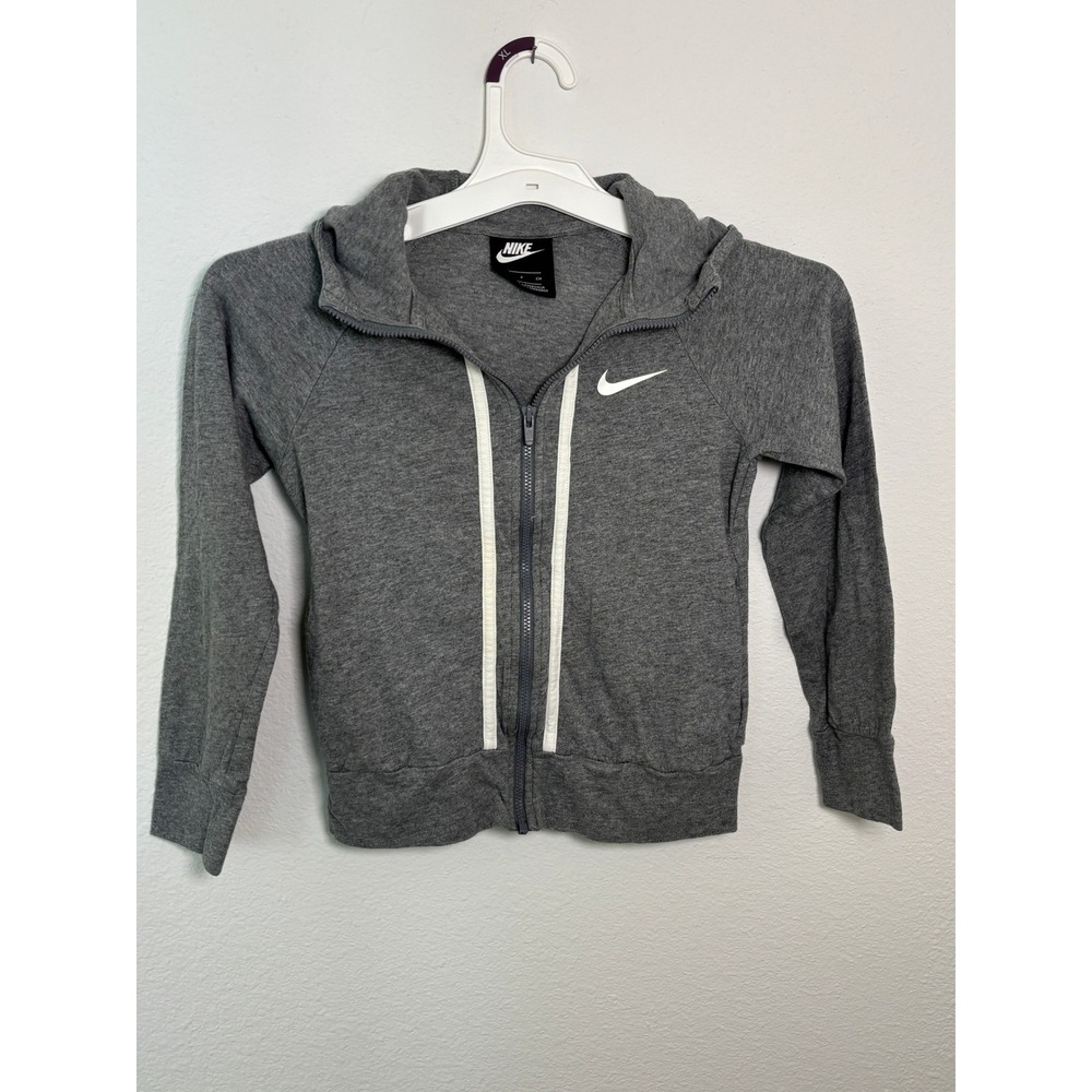 Nike Girls Gray Full Zip Hoodie Sweatshirt White Stripe Swoosh Logo Size S